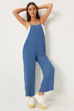 Women's Indigo Blue Adjustable Strap Wide Leg Overalls with Pockets HZL22S-BD170191