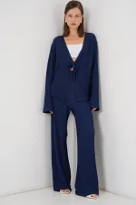 Women's Knitted Blouse and Pants Two-Piece Set 30052 - Navy Blue