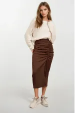Kadın Kahverengi Beli Lastikli Yırtmaçlı Uzun Etek HZL22S-BD118801