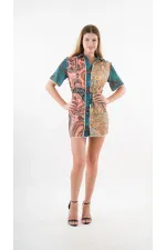 Kadın Yeşil Sarı İp Kemerli Küpürlü Gömlek Görünümlü Elbise HZL24S-YY237