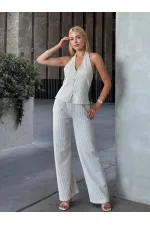 Kadın Gri Çizgili Önü Fermuarlı Bluz Pantolon İkili Takım HZL25S-ZK13691