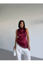 Women's Burgundy Halter Neck Asymmetrical Cut Fringe Detail Satin Blouse HZL26S-FRY123911