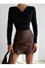 Kadın Siyah Degaje Yaka Yandan Büzgülü Uzun Kol Sandy Bluz HZL24W-FRY122481