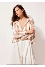 Kadın Bej Krem Çizgili Saten Gömlek HZL23S-BD1201731