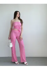 Kadın Pembe Beli Lastilkli Gofre Kumaş Pantolon HZL24S-ZK13261