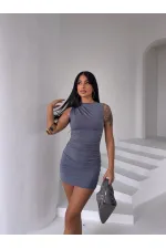 Kadın Gri Beli Drapeli Sandy Kumaş Mini Elbise HZL25S-FRY122981