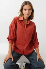 Kadın Kiremit Oversize Uzun Basic Gömlek HZL22W-BD139001