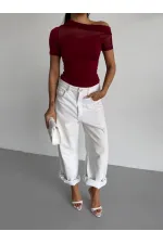 Kadın Bordo Tek Omuz Transparan Tül Detaylı Şık Sandy Bluz HZL26S-FRY123871