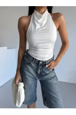 Kadın Beyaz Halter Yaka Sırtı Açık Sandy Bluz HZL25S-FRY123141
