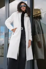 9132 Kapüşonlu Peluş Kaban - Krem