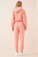 Women's Pink Hooded Printed Polar Fleece Top Crop Top with Underwire Tracksuit Set HZL23W-BD1553971