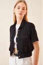 Women's Black Pocket Buttoned Short Sleeve Summer Crop Shirt Jacket HZL22S-BD106631