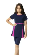 Girl Navy Blue Fuchsia Detailed 6-13 Years Half Sleeve Tights Swimsuit HZL24S-AR1171-02