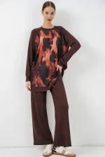 Ensemble deux pièces tunique et pantalon oversize à motifs pour femme 55462 - Marron