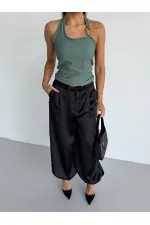 Kadın Yeşil Ottoman Kumaş Halter Yaka Toka Detay Bluz HZL26W-FRY123321