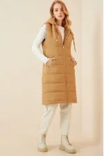 Kadın Camel Sabit Kapüşonlu Astarlı Uzun Şişme Yelek HZL22W-BD151401