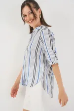 Women's Striped Short-Sleeve Shirt 20345 - Navy Blue