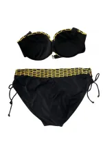 Kadın Sarı Zincir Desenli Büyük Beden Astarlı Siyah Bikini Takım HZL25S-LC3303