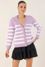 Cardigan en tricot à rayures lilas pour femme, coupe décontractée, col en V, HZL24W-BD1102151
