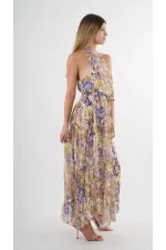 Kadın Mor Çicek Desenli Halter Yaka Kuşaklı Astarlı Uzun Elbise HZL24S-YY233