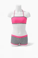 Kız Çocuk Açık Pembe Çizgili Şortlu 4-12 Yaş Straplez Bikini Takım HZL24S-LC9034