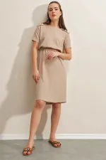 Women's Beige Elastic Waist Button Detailed Casual Knit Dress HZL22S-BD123751