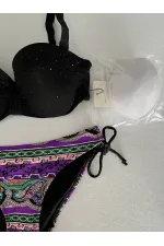 Kadın Siyah Taş İşlemeli Desenli 3 Parça Etekli Bikini Takım HZL25S-LC3326