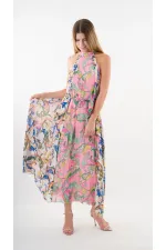 Kadın Çok Renkli Bloklu Yaprak Desenli Halter Yaka Kuşaklı Astarlı Uzun Elbise HZL24S-YY233