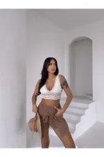 Kadın Camel Bağlama Detay Müslin Şort HZL25S-DSB2323