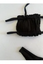 Women's Black String-Tied Gathered Strapless Bikini Set HZL25S-LC2226