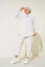 Kadın Tesettür Krem Keten Gömlek Pantolon  Alt-Üst İkili Takım HZL24W-BD166221