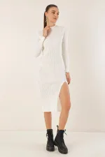 Robe mi-longue en maille blanche fendue à col roulé pour femme HZL24W-BD1101761