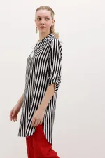 5613 Striped Tunic with Collar Tie - Black