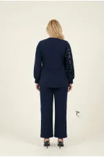 Kadın Lacivert Büyük Beden Payet Detaylı Pantolon Bluz Abiye Takım HZL26W-PR10011
