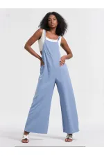 Kadın Buz Mavi Ayarlanabilir Askılı Cepli Bol Paça Bahçıvan Tulum HZL22S-BD170191