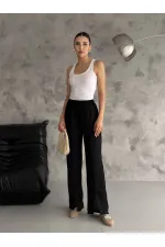 Kadın Siyah Lastikli Bel Yırtmaç Detaylı Cepsiz İthal Keten Astarsız Pantolon HZL24S-FRY121941