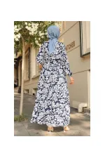 Kadın Lacivert Desenli Hakim Yaka Yazlık Uzun Elbise HZL25W-BD122971