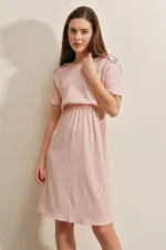 Women's Pink Elastic Waist Button Detailed Casual Knit Dress HZL22S-BD123751