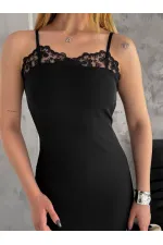 Kadın Siyah İnce Askılı Dantel Detaylı İthal Atlas Mini Elbise HZL24S-FRY121911