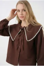 Women's Brown Baby Collar Buttoned Stylish Casual Shirt HZL26S-BD1203141