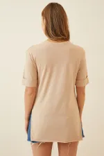 Kadın Bej Bisiklet Yaka Yandan Yırtmaçlı Kolu Katlı Oversize Örme T-Shirt HZL22S-BD143251