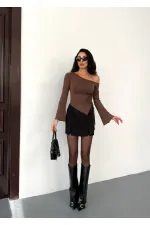 Kadın Kahve Asimetrik Kesim İspanyol Kol Beli Büzgülü Sandy Bluz HZL25W-FRY123591