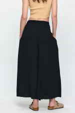 Kadın Siyah Beli Lastikli Nakış Detaylı Bol Kesim Viskon Pantolon HZL25S-VM10301