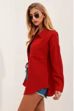 Kadın Kırmızı Tek Cepli Oversize Keten Ayrobin Gömlek HZL24S-BD1201531