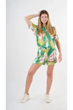 Kadın Fıstık Yeşili Desenli Şort Gömlek Alt Üst Takım  HZL24S-YY226