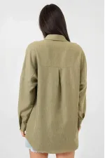 Kadın Çağla Yeşil Oversize Çift Cepli Keten Gömlek HZL22S-BD1201261