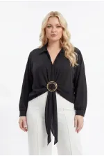Kadın Siyah Büyük Beden Oversize Halka Tokalı Şifon Bluz HZL26S-ZSS110701