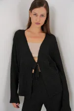 Ensemble deux pièces pour femme : chemisier et pantalon en maille, réf. 30052 - Noir