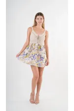 Kadın Mor Önden İp Bağlamalı Ajurlu Model Saten Yüzeyli Mini Elbise HZL24S-YY250