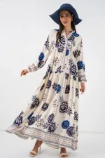 Kadın Desenli Uzun Tesettür Elbise 2585 - B.Lacivert